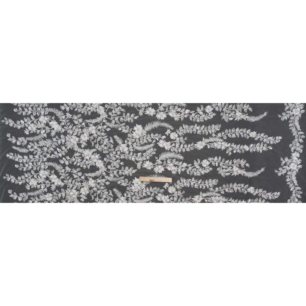 Beaded and Sequined Embroidered Lace with 3D Fabric Flowers - White Floral Vines - Full