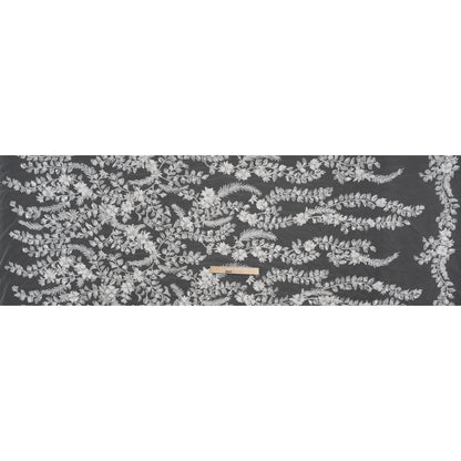Beaded and Sequined Embroidered Lace with 3D Fabric Flowers - White Floral Vines