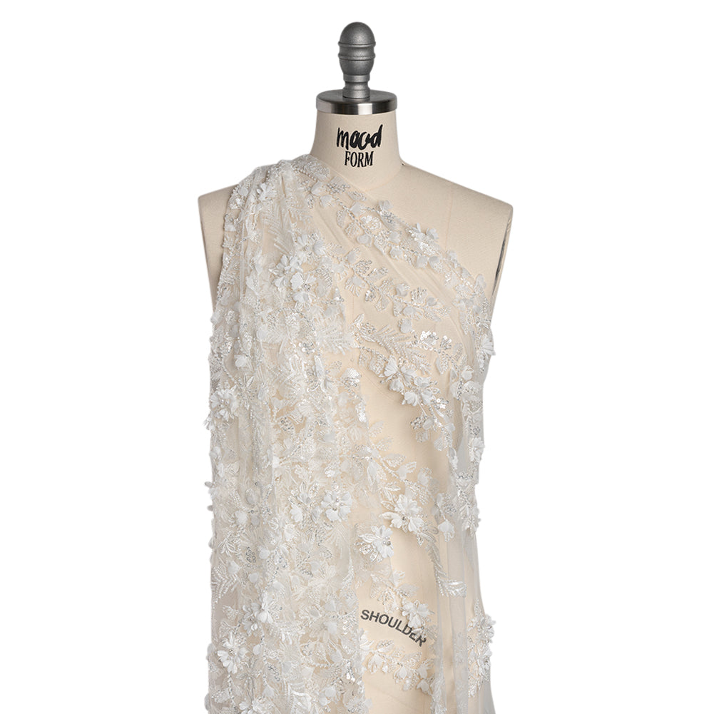 Beaded and Sequined Embroidered Lace with 3D Fabric Flowers - White Floral Vines - Drape