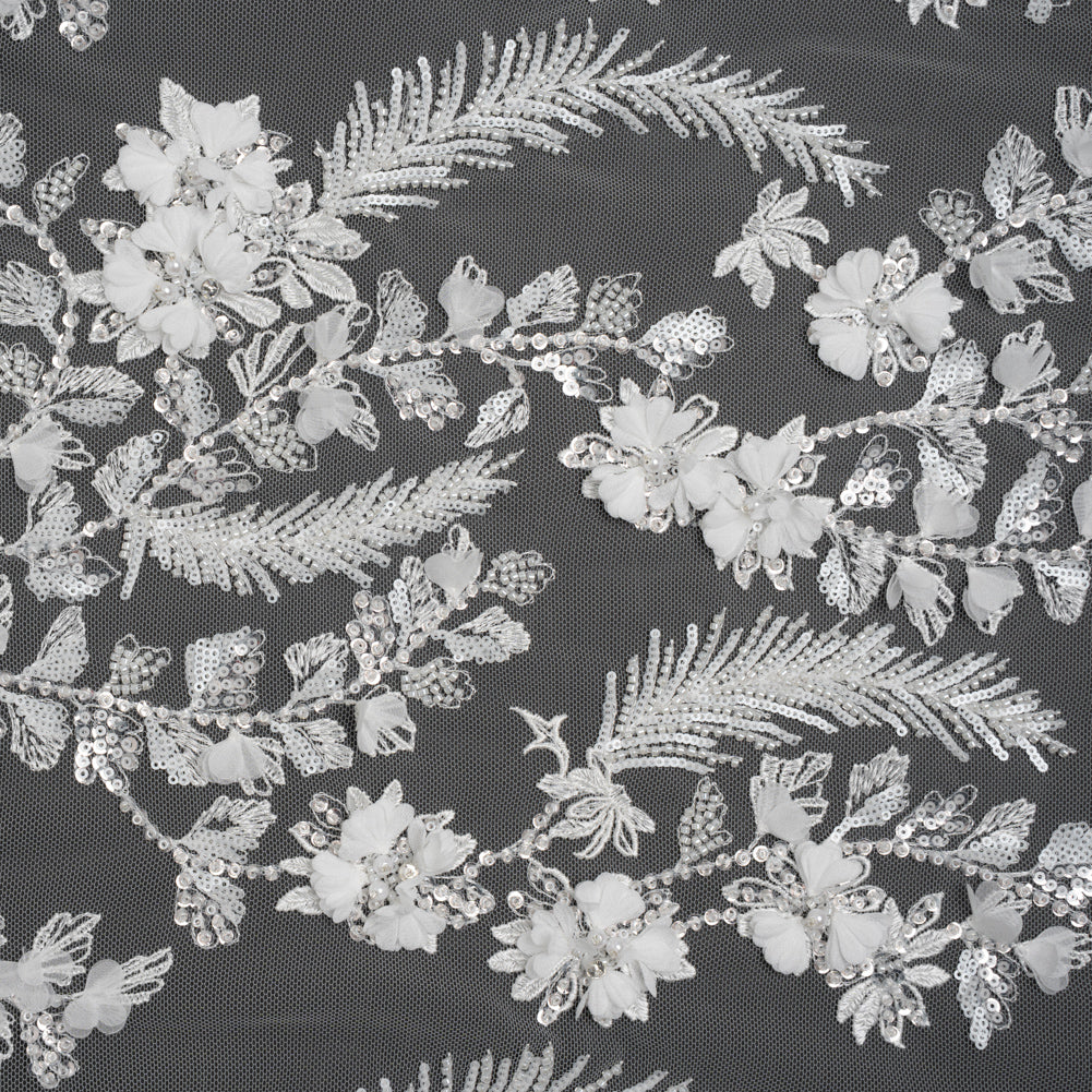 Beaded and Sequined Embroidered Lace with 3D Fabric Flowers - White Floral Vines