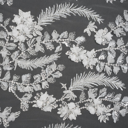 Beaded and Sequined Embroidered Lace with 3D Fabric Flowers - White Floral Vines
