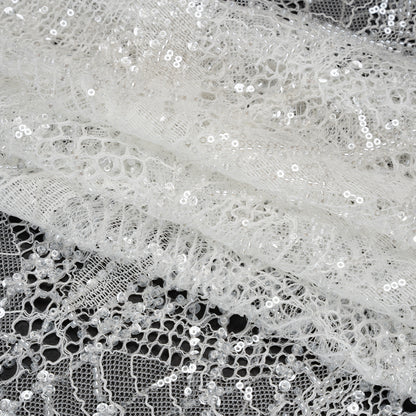 Corded Lace with Clear Beads and Sequins and Finished Edges - White Abstract