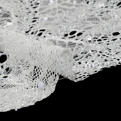 Corded Lace with Clear Beads and Sequins and Finished Edges - White Abstract