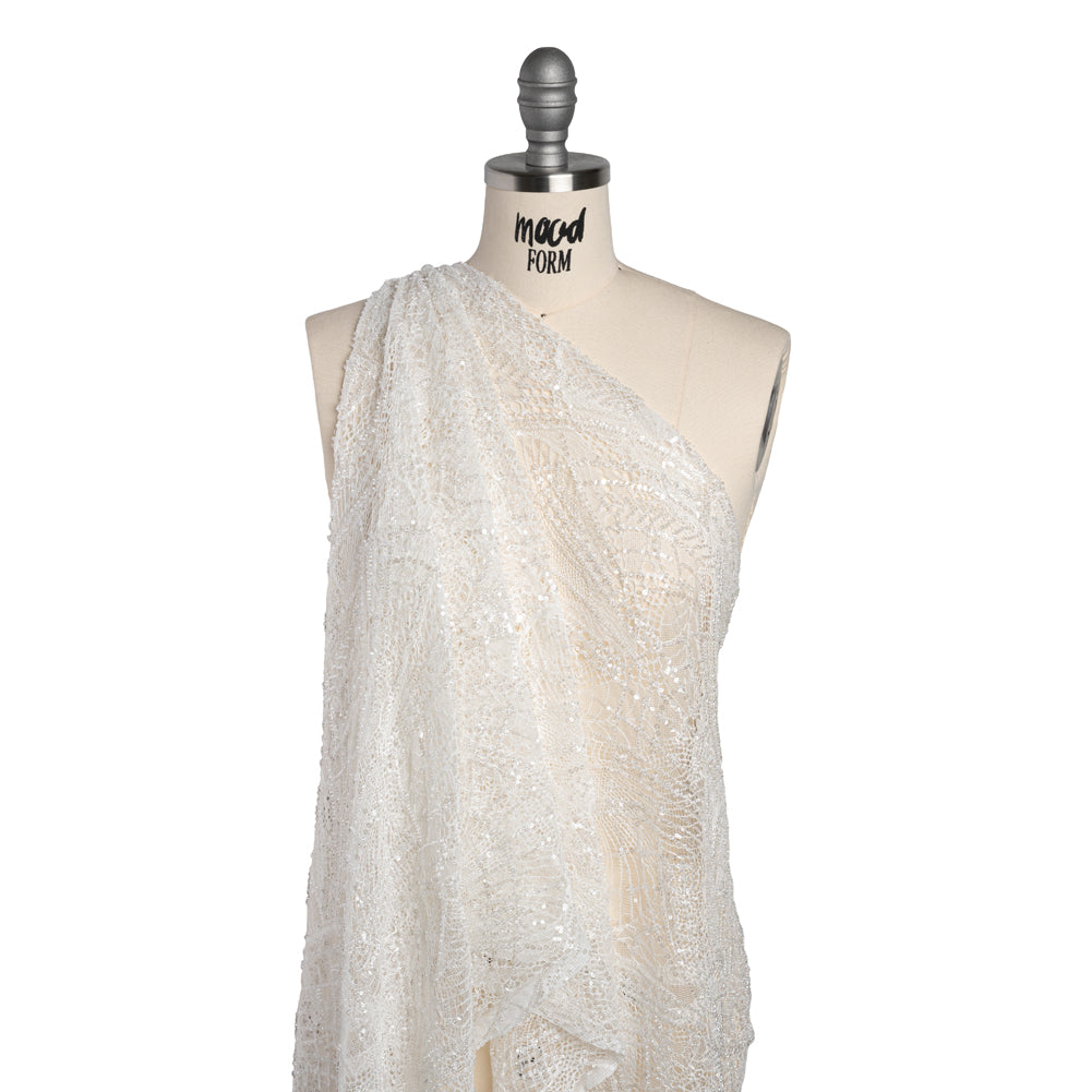 Corded Lace with Clear Beads and Sequins and Finished Edges - White Abstract