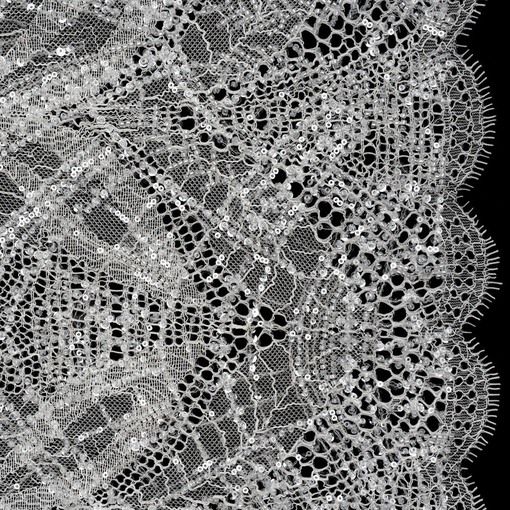 Corded Lace with Clear Beads and Sequins and Finished Edges - White Abstract