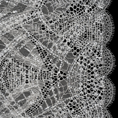 Corded Lace with Clear Beads and Sequins and Finished Edges - White Abstract