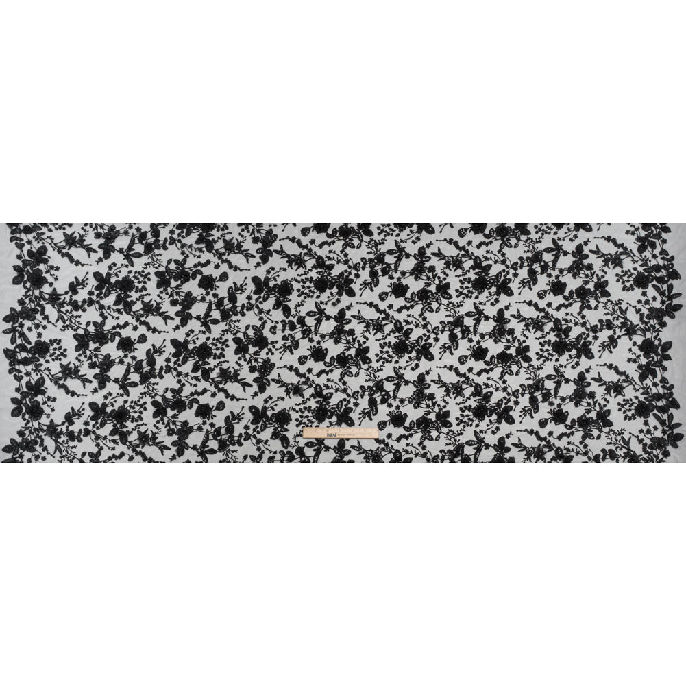 Embroidered 3D Lace with Beads and Sequins - Black Rose Bushes