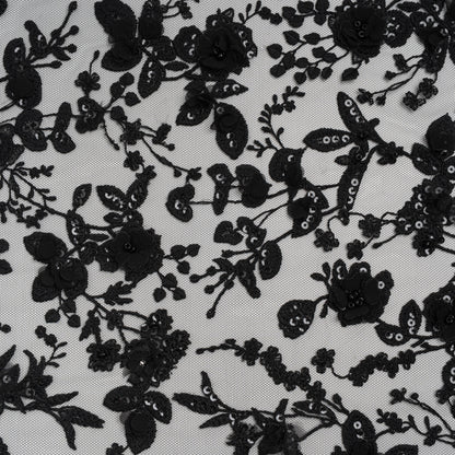 Embroidered 3D Lace with Beads and Sequins - Black Rose Bushes