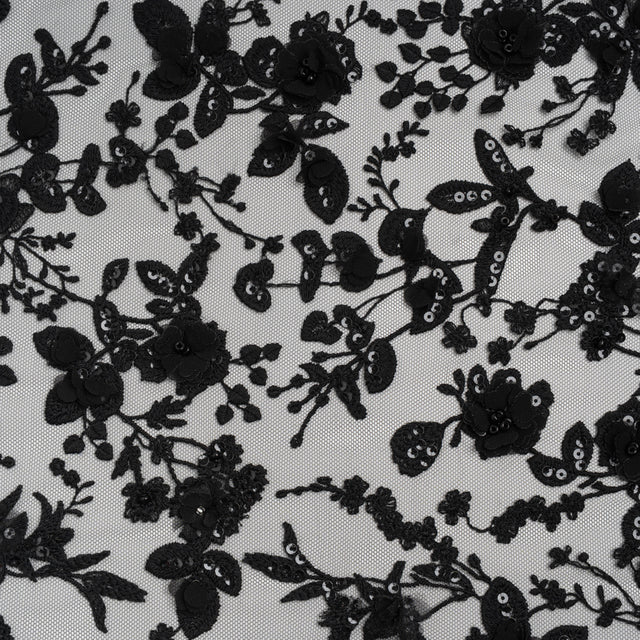 Embroidered 3D Lace with Beads and Sequins - Black Rose Bushes