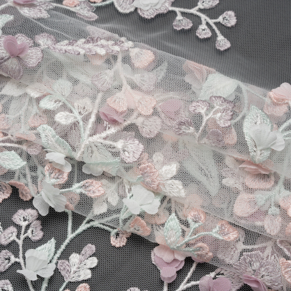 Embroidered Lace with 3D Fabric Flowers - Pastel Purple, Baby Pink and Mint Green Growing Flowers - Folded