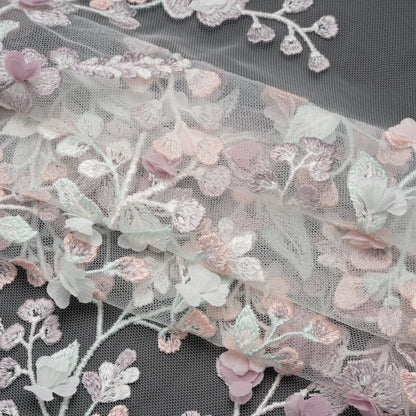 Embroidered Lace with 3D Fabric Flowers - Pastel Purple, Baby Pink and Mint Green Growing Flowers