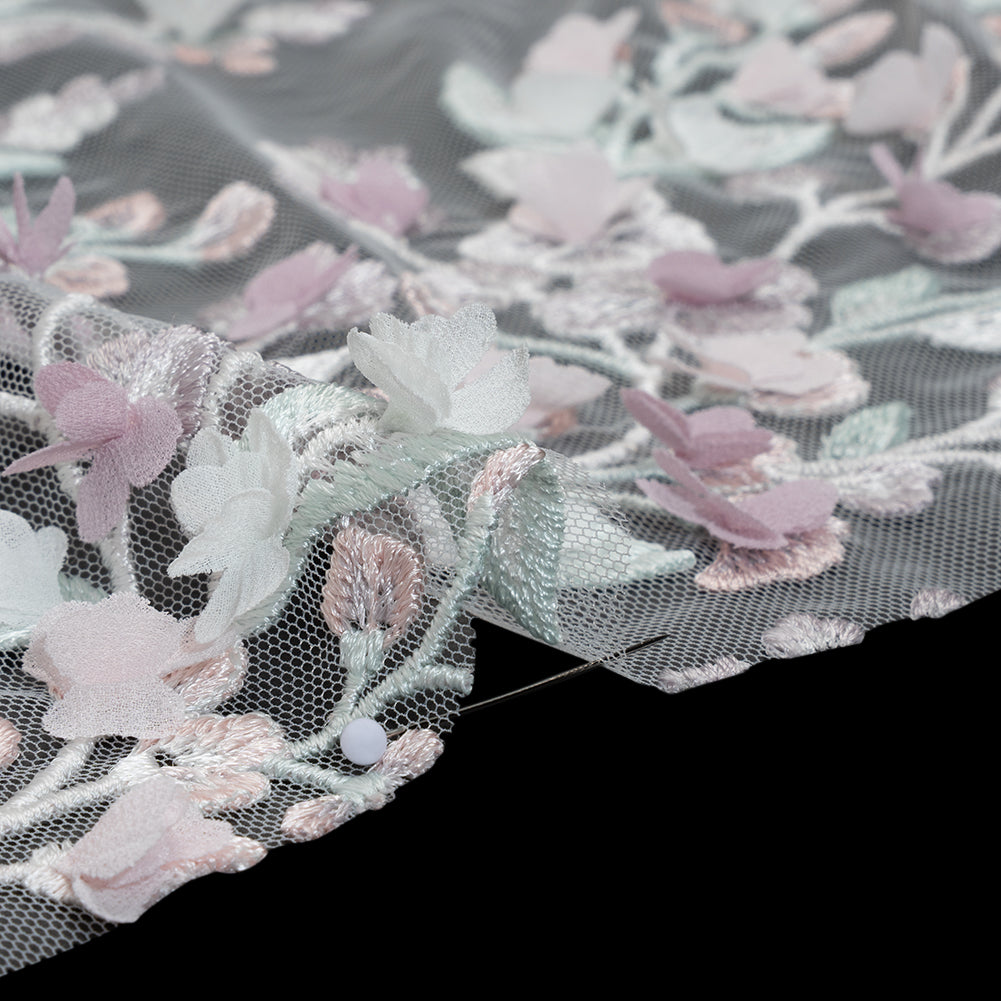 Embroidered Lace with 3D Fabric Flowers - Pastel Purple, Baby Pink and Mint Green Growing Flowers - Detail