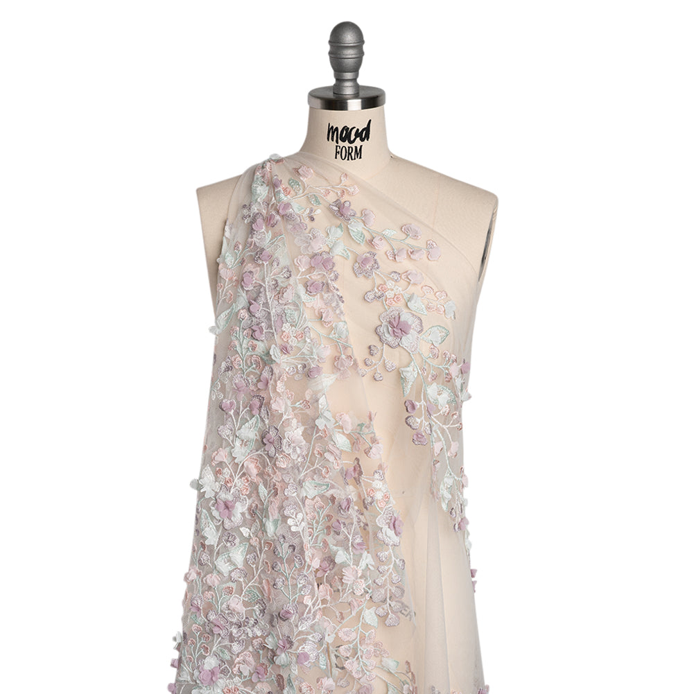 Embroidered Lace with 3D Fabric Flowers - Pastel Purple, Baby Pink and Mint Green Growing Flowers - Drape