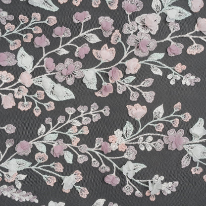 Embroidered Lace with 3D Fabric Flowers - Pastel Purple, Baby Pink and Mint Green Growing Flowers