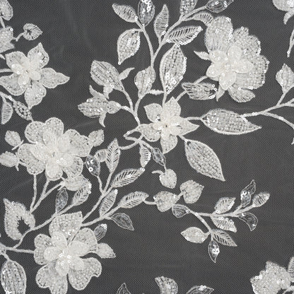 Embroidered 3D Lace with Beads and Sequins - White Blooming Stems