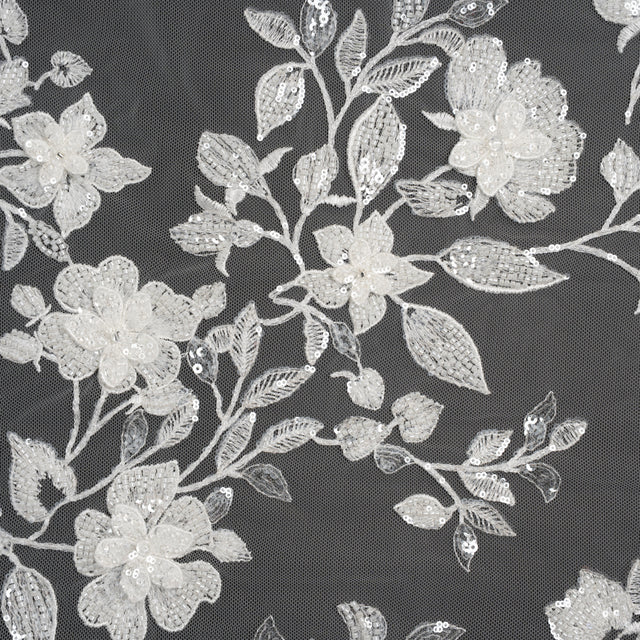 Embroidered 3D Lace with Beads and Sequins - White Blooming Stems