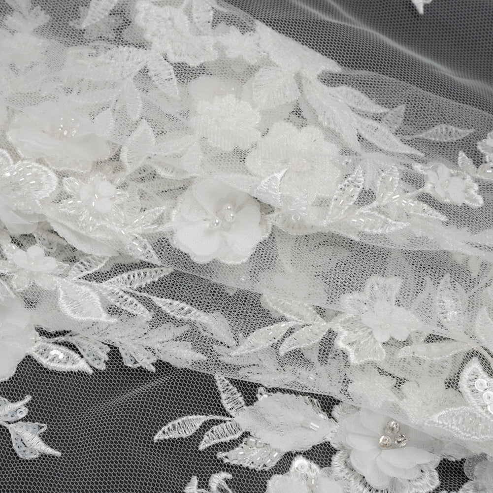 Beaded Embroidered Lace with 3D Fabric Flowers - White Flower Bunches with Pearls