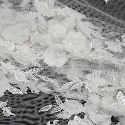Beaded Embroidered Lace with 3D Fabric Flowers - White Flower Bunches with Pearls