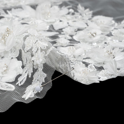 Beaded Embroidered Lace with 3D Fabric Flowers - White Flower Bunches with Pearls