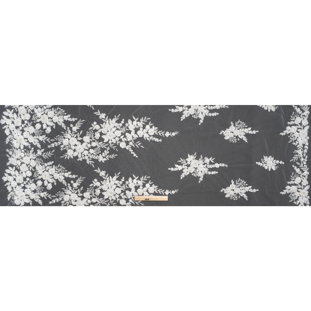 Beaded Embroidered Lace with 3D Fabric Flowers - White Flower Bunches with Pearls