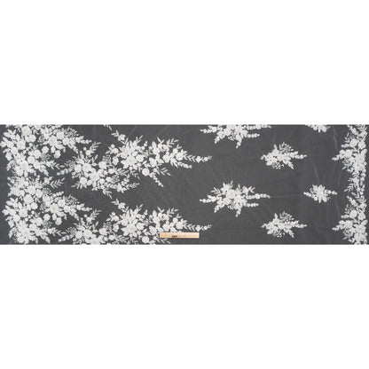 Beaded Embroidered Lace with 3D Fabric Flowers - White Flower Bunches with Pearls