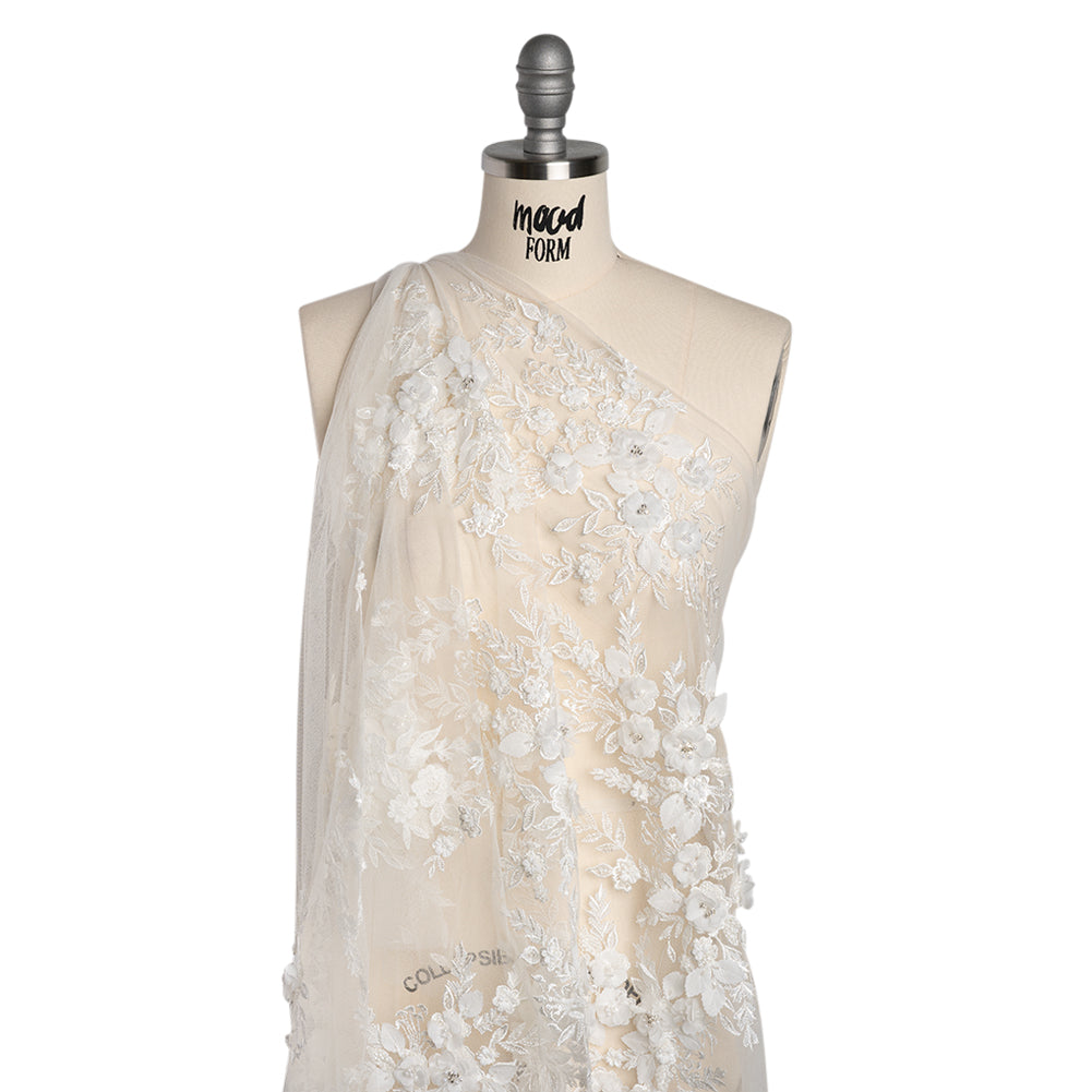 Beaded Embroidered Lace with 3D Fabric Flowers - White Flower Bunches with Pearls