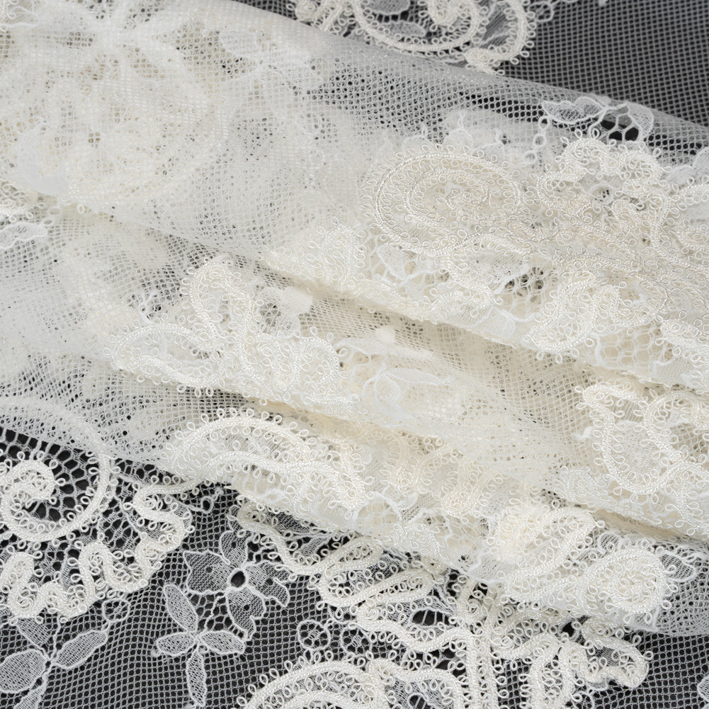 Picot Braid Embroidered Chantilly Lace with Finished Edges - White and Ivory Floral Swirls