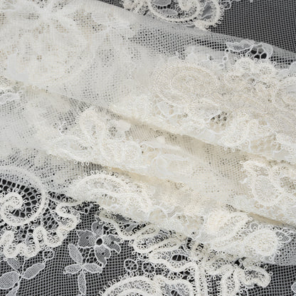 Picot Braid Embroidered Chantilly Lace with Finished Edges - White and Ivory Floral Swirls