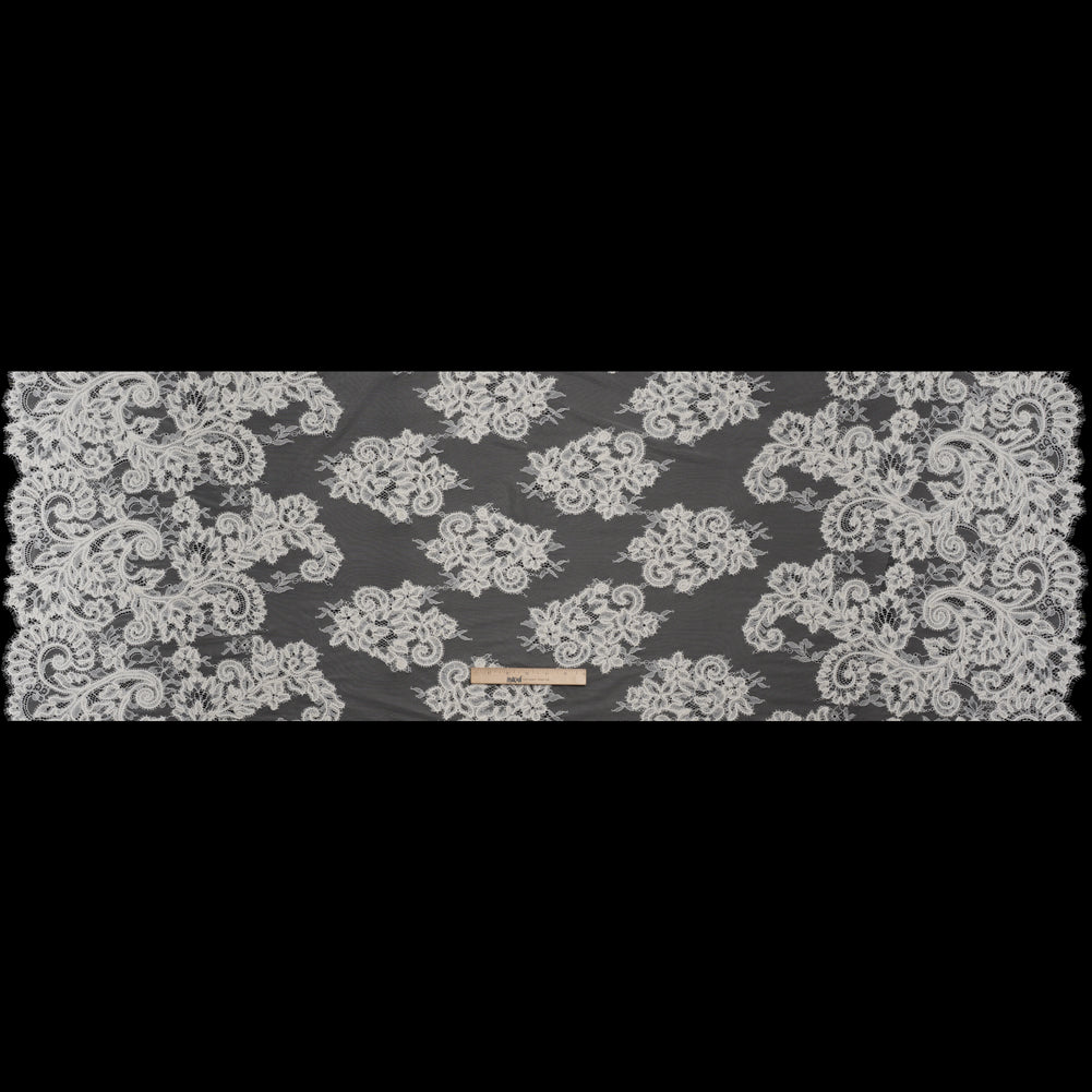 Picot Braid Embroidered Chantilly Lace with Finished Edges - White and Ivory Floral Swirls