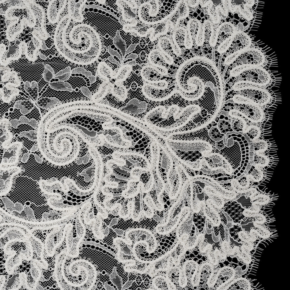 Picot Braid Embroidered Chantilly Lace with Finished Edges - White and Ivory Floral Swirls