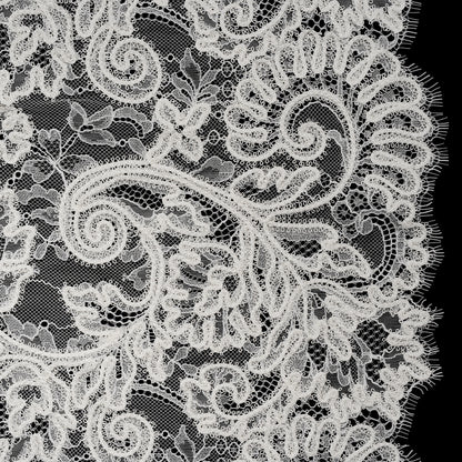 Picot Braid Embroidered Chantilly Lace with Finished Edges - White and Ivory Floral Swirls