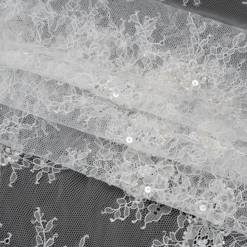Beaded Chantilly Lace with Finished Edges - White Floral - Folded