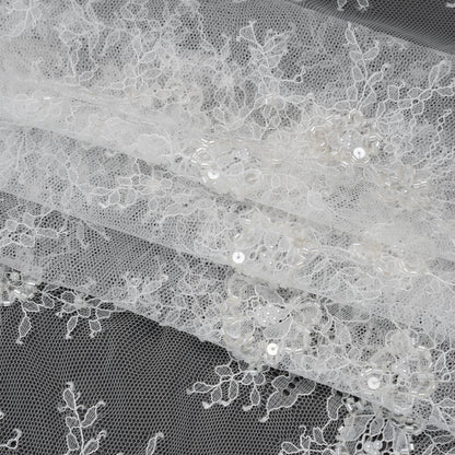 Beaded Chantilly Lace with Finished Edges - White Floral
