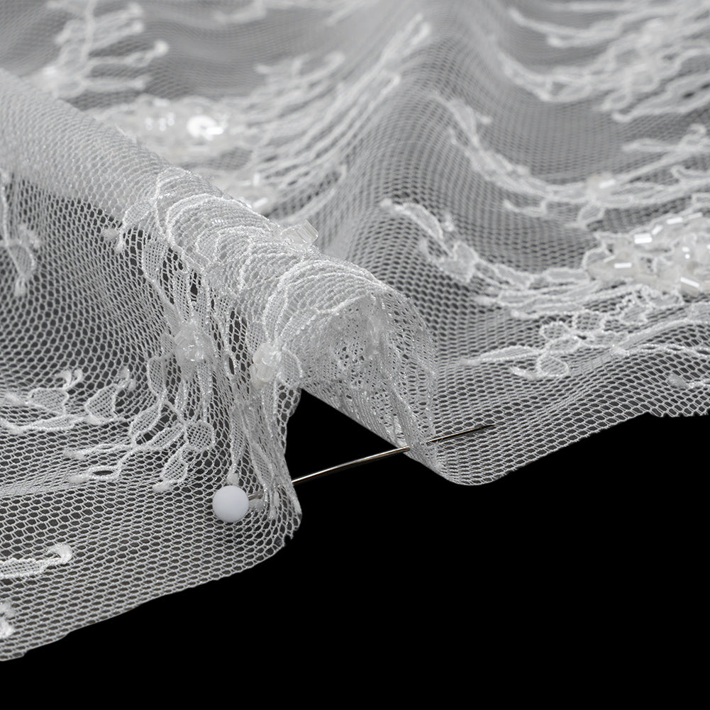 Beaded Chantilly Lace with Finished Edges - White Floral - Detail