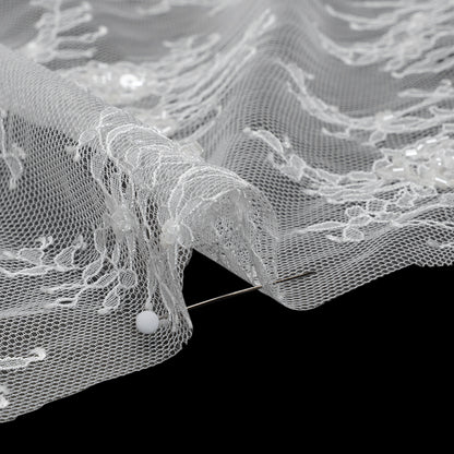 Beaded Chantilly Lace with Finished Edges - White Floral