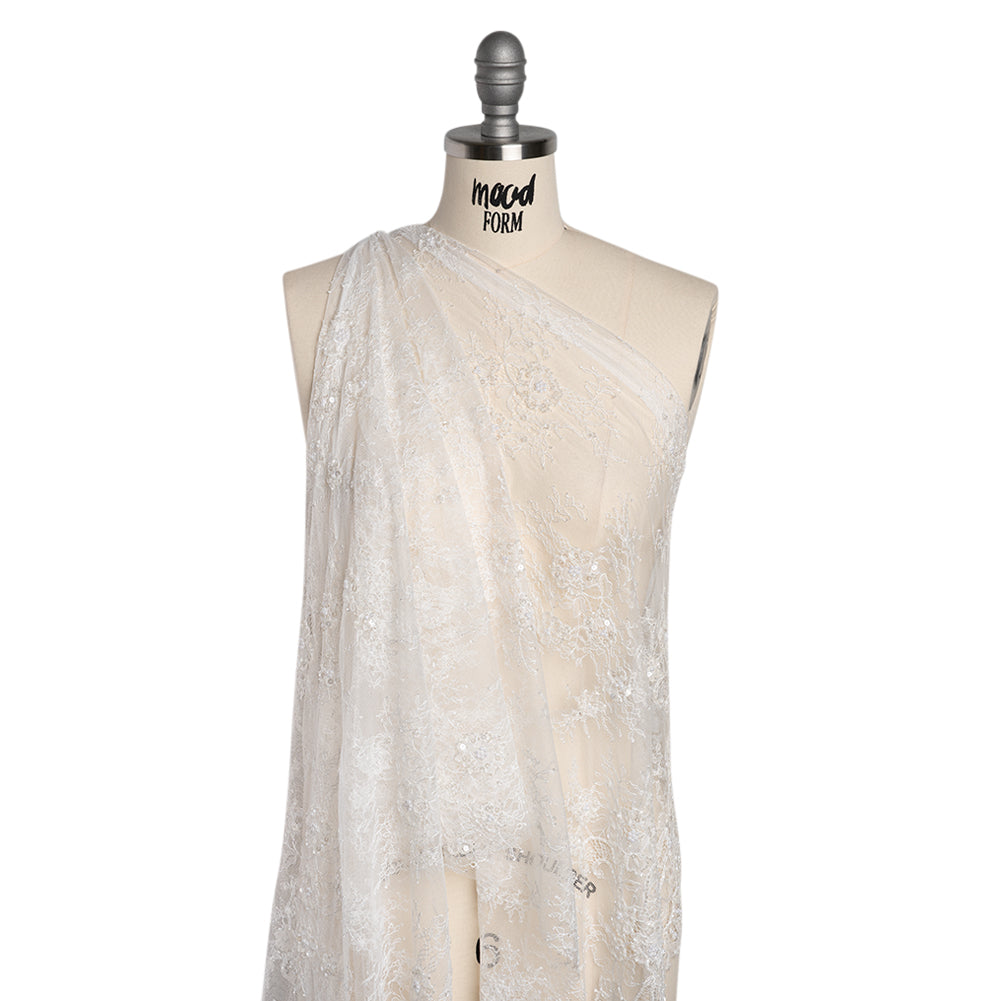 Beaded Chantilly Lace with Finished Edges - White Floral - Drape