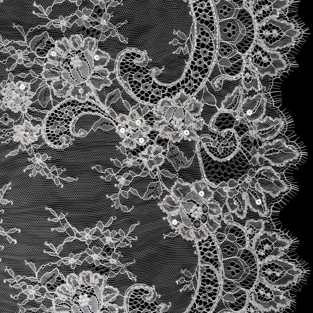 Beaded Chantilly Lace with Finished Edges - White Floral