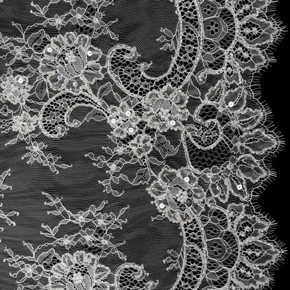 Beaded Chantilly Lace with Finished Edges - White Floral