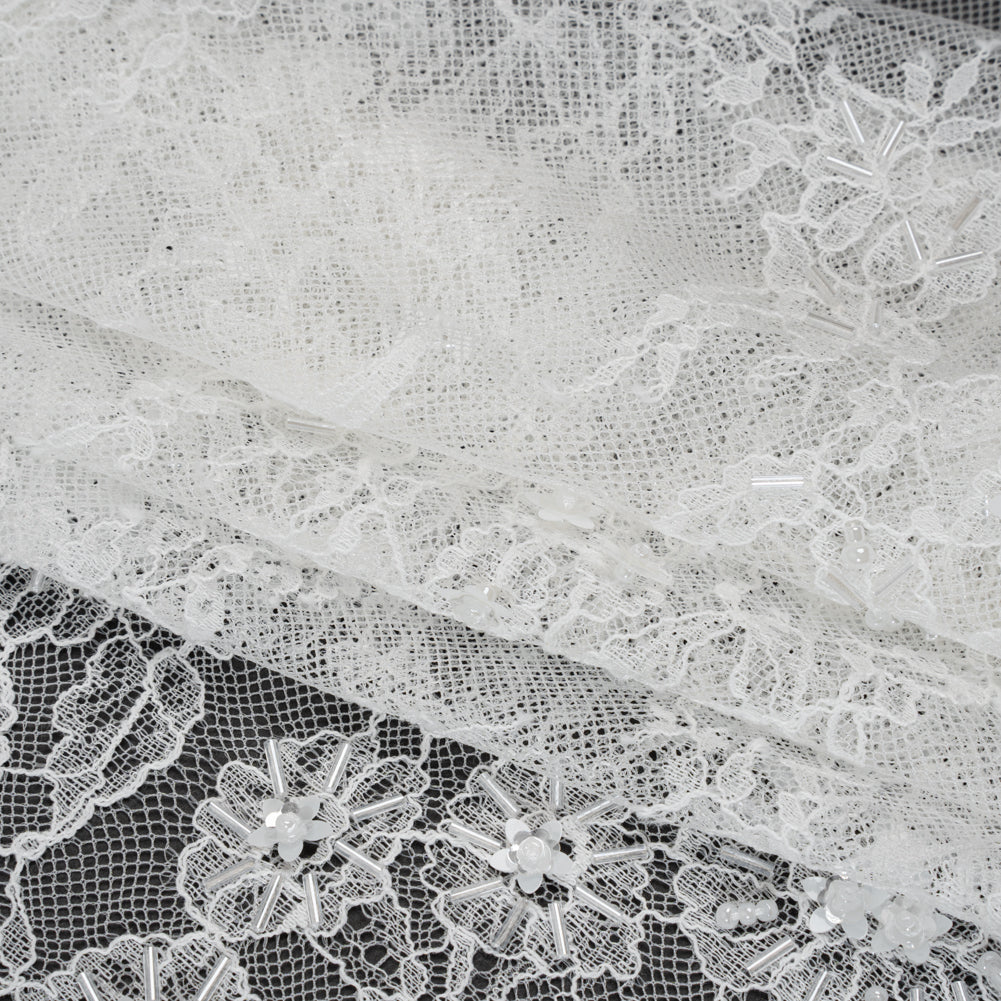 Beaded and Sequins Chantilly Lace with Finished Edges - White Flowers and Leaves - Folded
