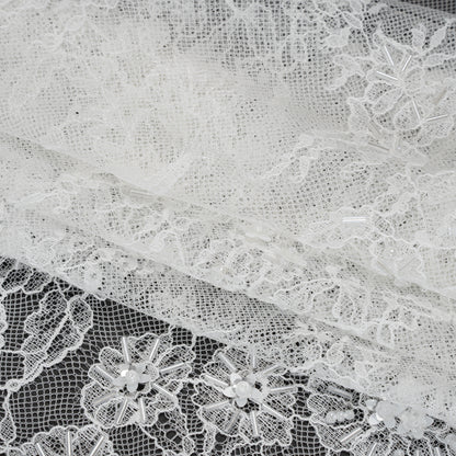 Beaded and Sequins Chantilly Lace with Finished Edges - White Flowers and Leaves