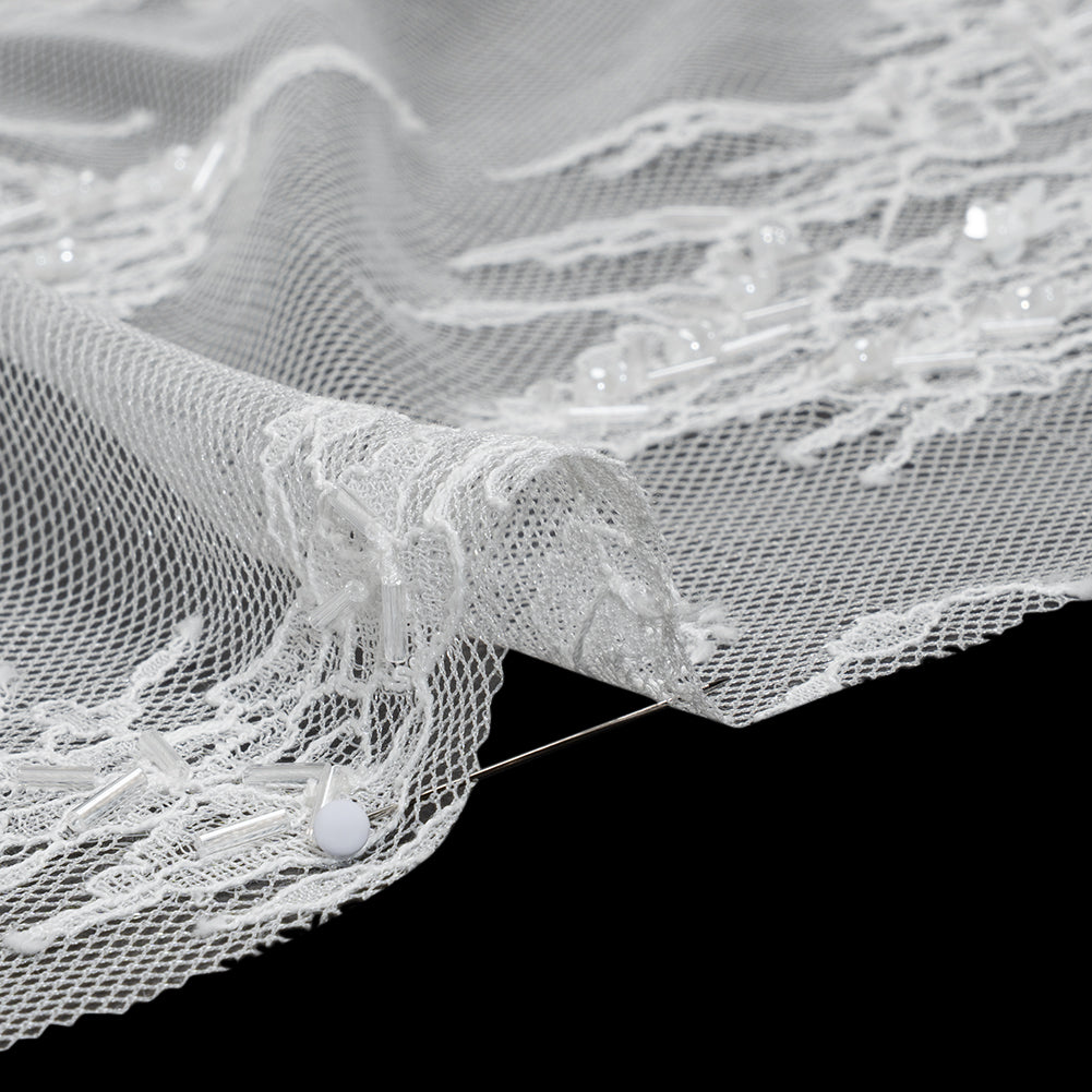 Beaded and Sequins Chantilly Lace with Finished Edges - White Flowers and Leaves - Detail