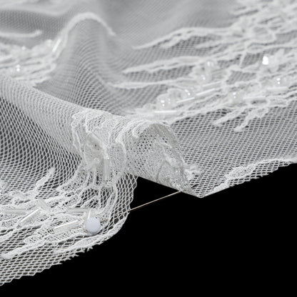 Beaded and Sequins Chantilly Lace with Finished Edges - White Flowers and Leaves