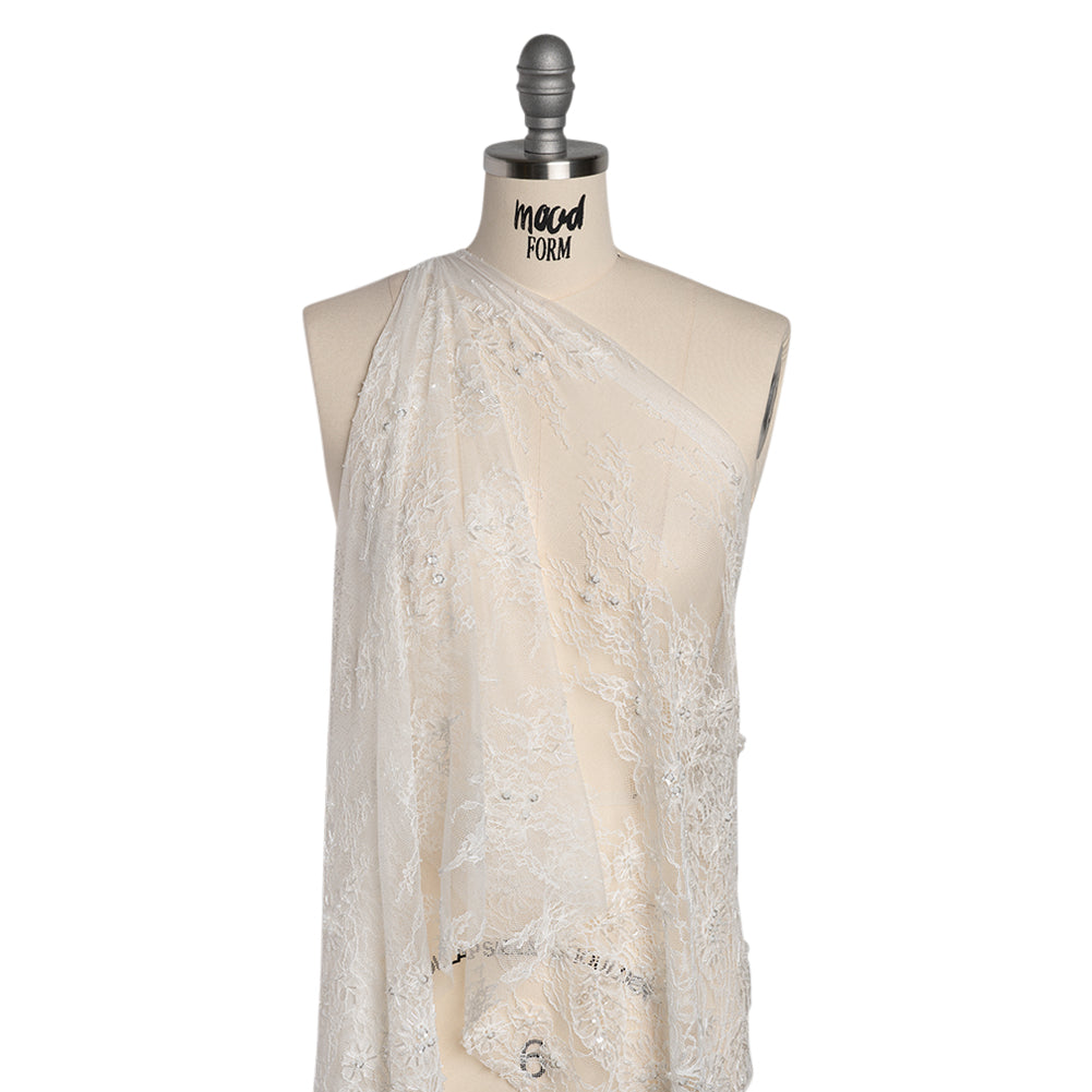 Beaded and Sequins Chantilly Lace with Finished Edges - White Flowers and Leaves - Drape