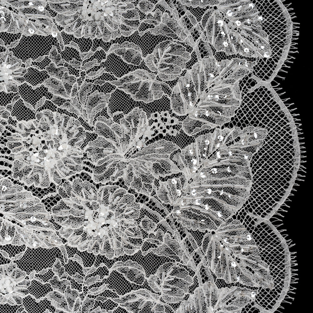 Beaded and Sequins Chantilly Lace with Finished Edges - White Flowers and Leaves