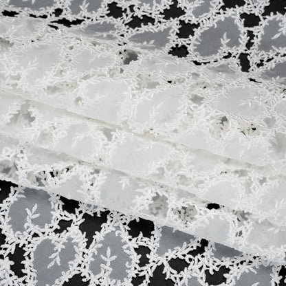 Burnout Embroidered Lace with Finished Edges - White Leafy Lines