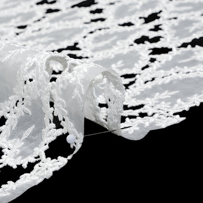 Burnout Embroidered Lace with Finished Edges - White Leafy Lines