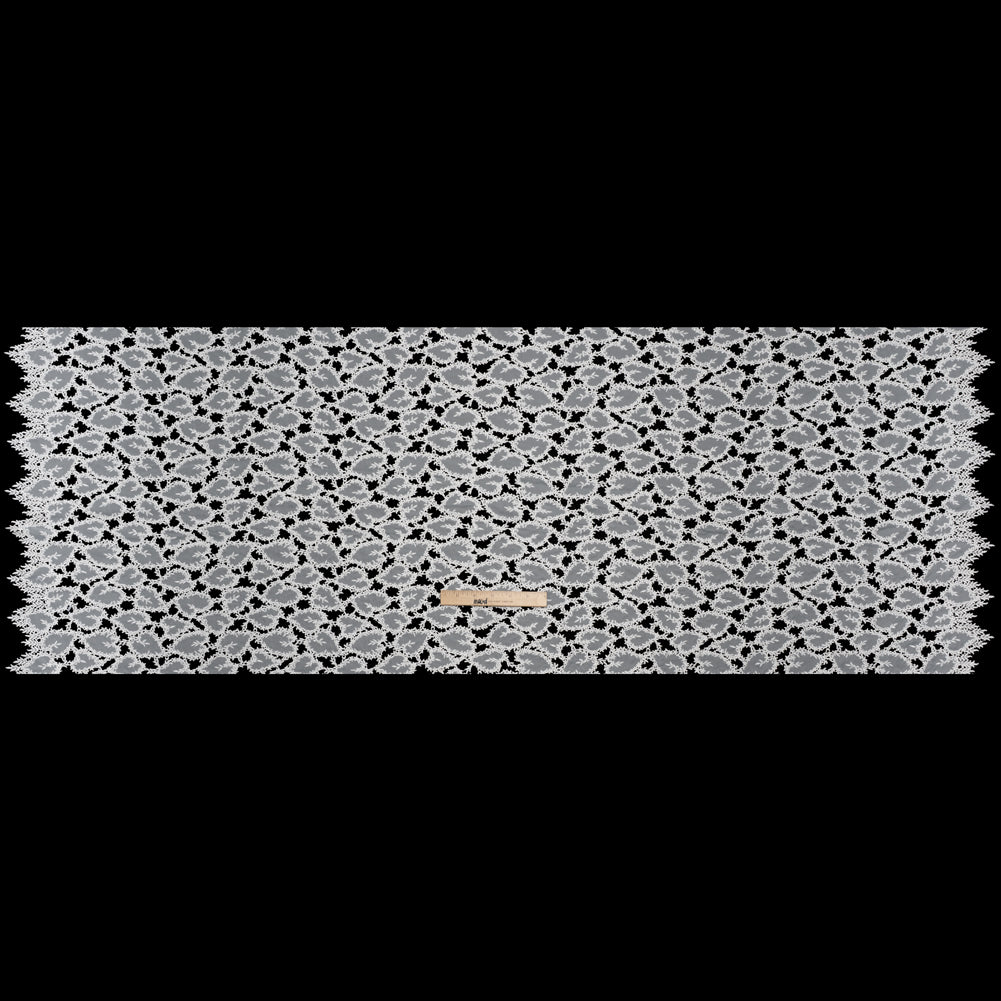Burnout Embroidered Lace with Finished Edges - White Leafy Lines
