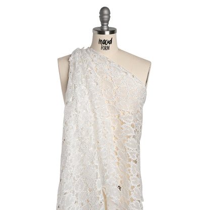 Burnout Embroidered Lace with Finished Edges - White Leafy Lines