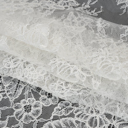 Corded Chantilly Lace with Finished Edges - Ivory Tropical Leaves and Flowers