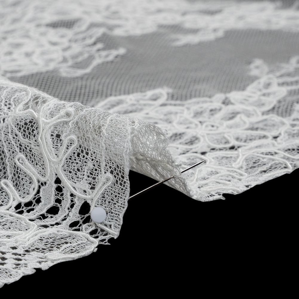 Corded Chantilly Lace with Finished Edges - Ivory Tropical Leaves and Flowers